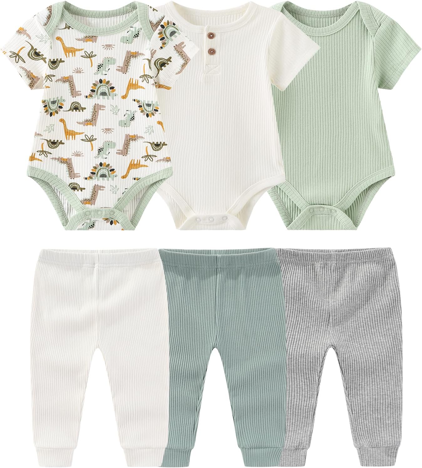 Ruliby Baby Bodysuit and Pant Set 6-pcs Ribbed Soft Infant Boy Girl Clothes Outfits