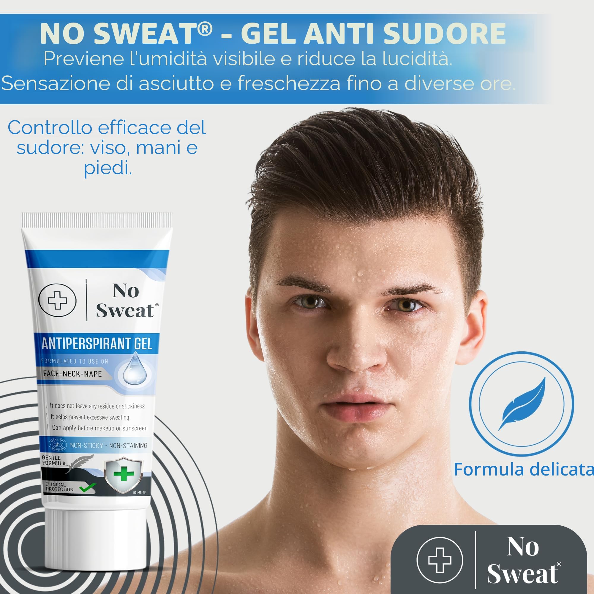 No Sweat Gel Antitraspirante 50 ml per Viso, Collo, Nuca - Previene Eccessiva Sudorazione e Lucentezza - Adatto per Lavoro Attivo e Palestra
