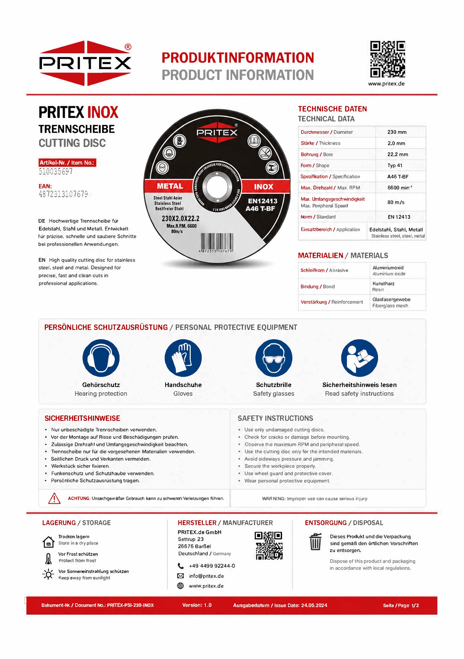 PRITEX – 50 Stück Profi Trennscheiben 230 x 2.0 mm Metall – gerade Flexscheiben zum Schneiden von Stahl, Edelstahl & Blech – Inox Schneidscheiben für alle gängigen Winkelschleifer geeignet