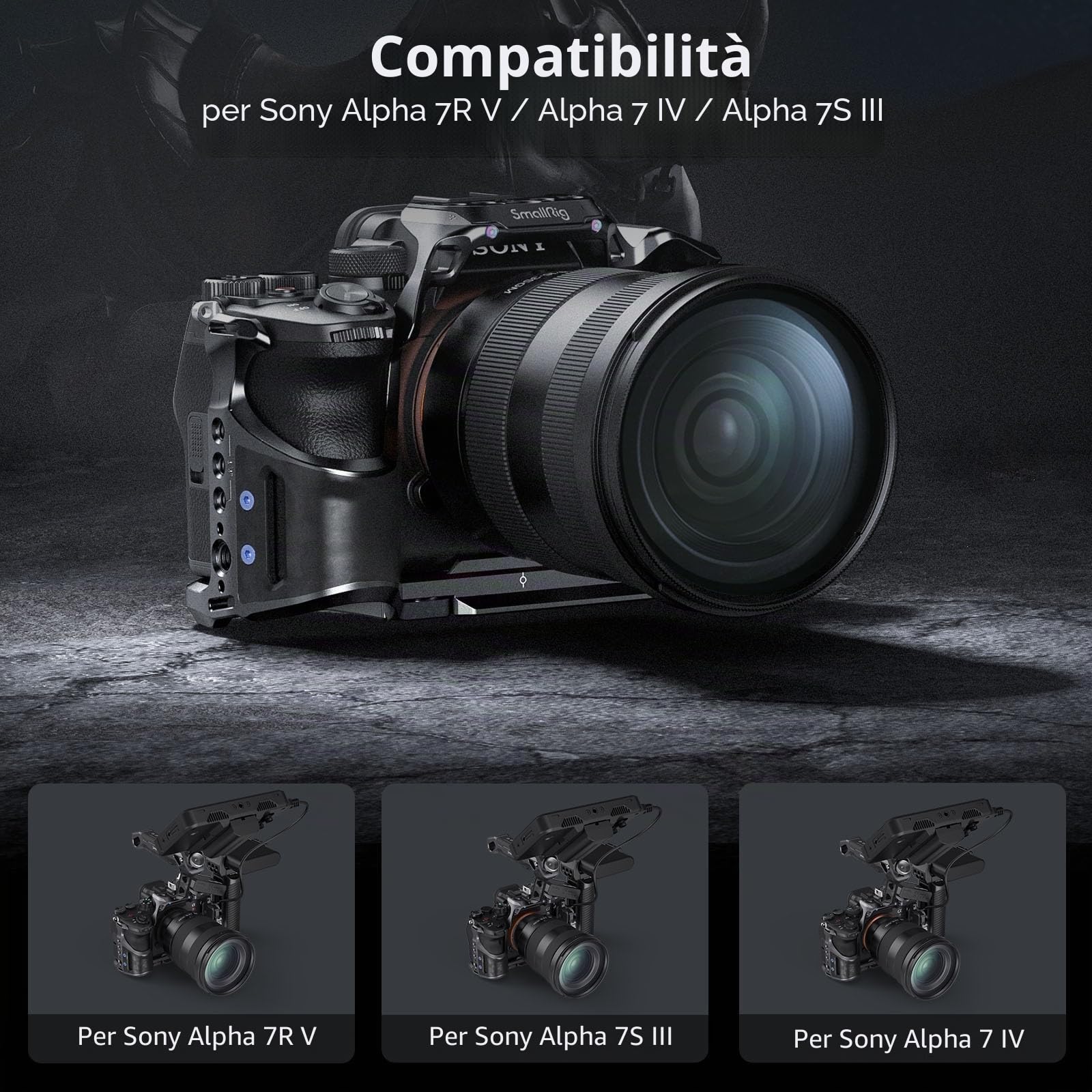 SMALLRIG A7 IV A7SIII A7R V Cage Kit "Rhinoceros" Kit per Sony Alpha 7R V/Alpha 7 IV/Alpha 7S III, Gabbia Completa con Fermacavo, Piastra a Sgancio Rapido Integrata per Arca-Swiss - 4308