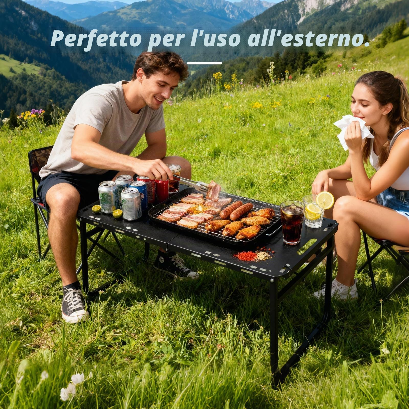 Tavolo da Campeggio Pieghevole, Tavolo da Campeggio Basso con Borsa, Compatto per Giardino, Viaggi e BBQ, Metallo Nero