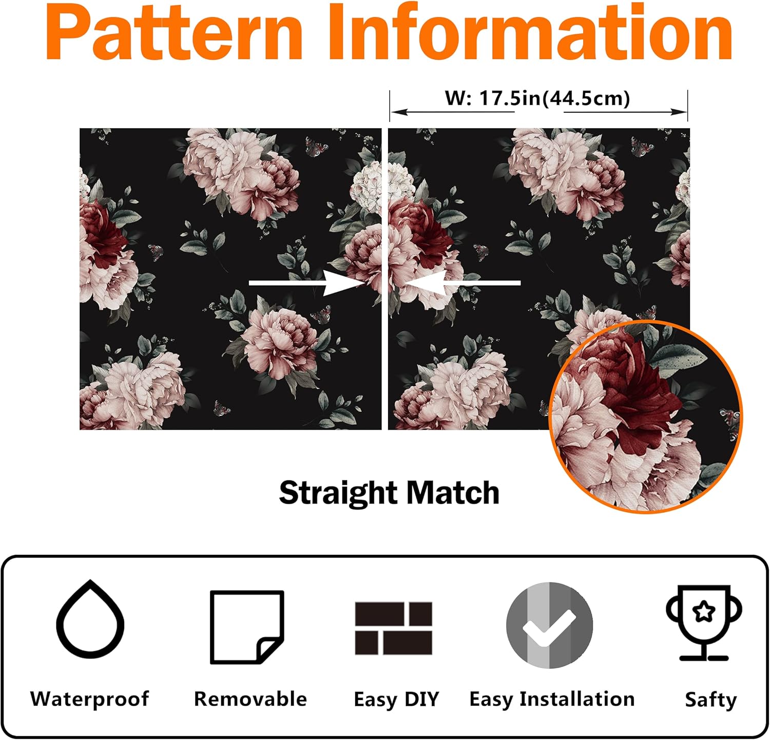 Wallercity Vintage Floral Roses Wallpaper Boho Peel and Stick Wallpaper for Walls Black/Pink Rose Retro Floral Wallpapers Removable Contact Paper for Cabinets Shelf Liner Vinyl Waterproof 17.5" x 315"