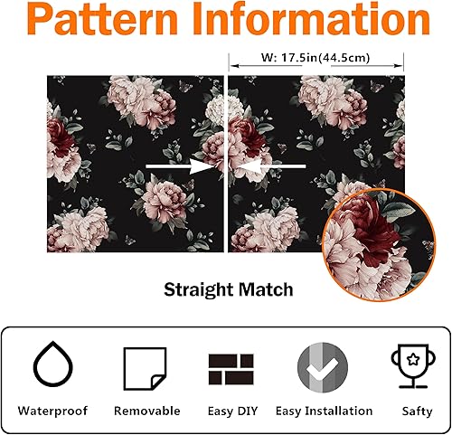 Miniatura 7 de Wallercity Papel tapiz vintage de rosas florales, papel tapiz bohemio para despegar y pegar, papel tapiz floral retro con rosas negrasrosa, papel de