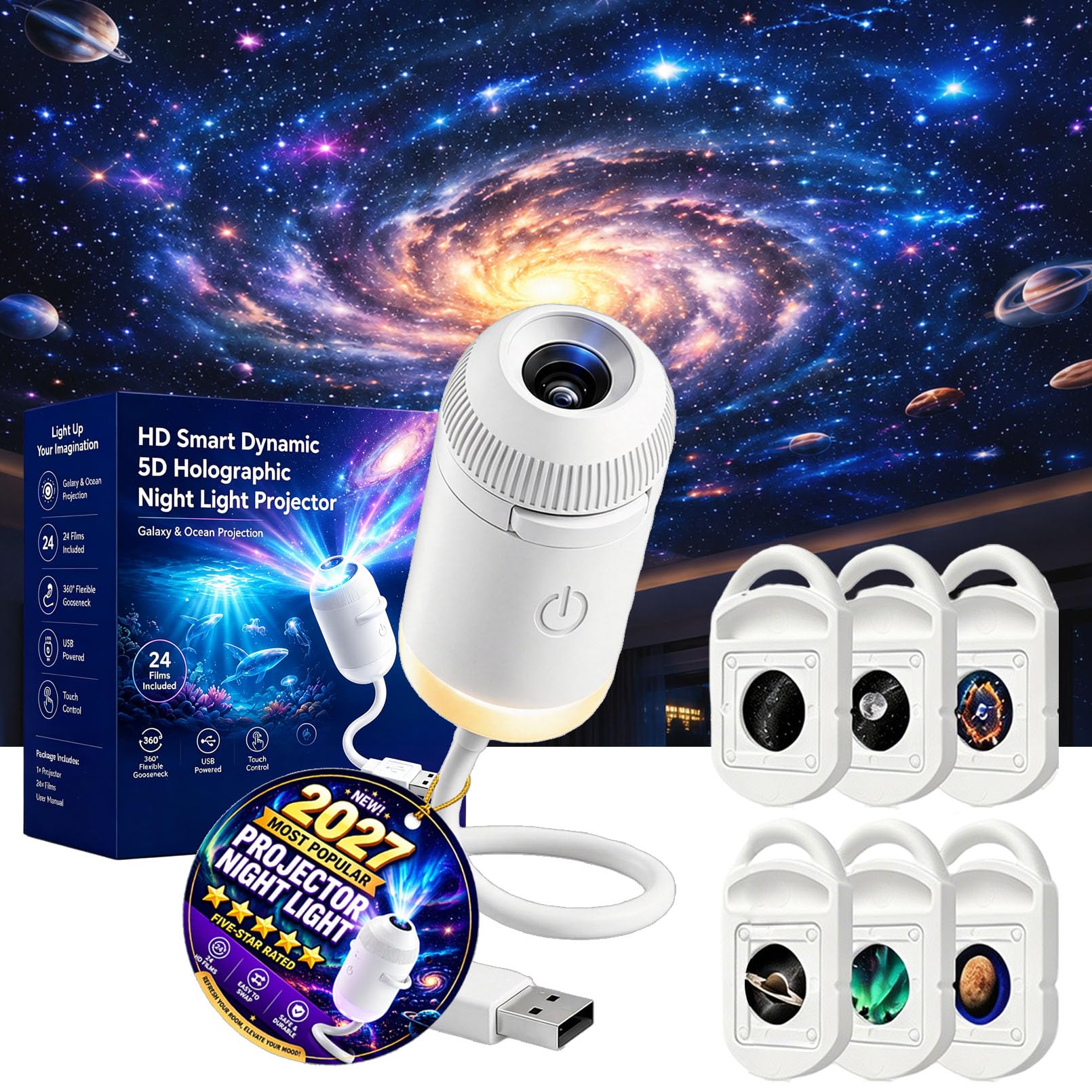 HD Smart Dynamic 5D Holographic Night Light Projector, Plug and Play HD Star Projector with 3/6/12/24 Projection Films, 360 Rotating USB Powered Ceiling Light for Bedroom Car Roof (12PCS)