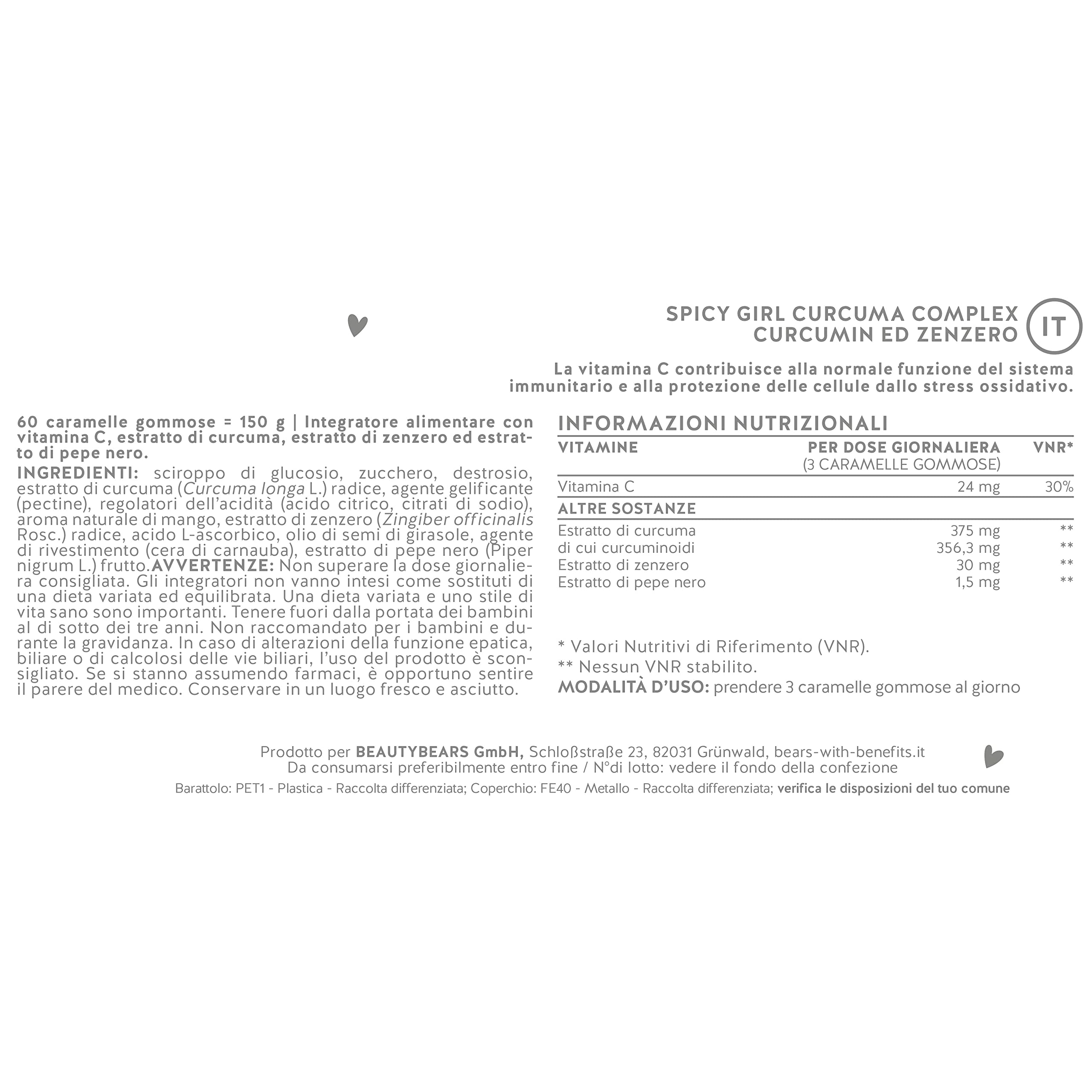 Bears with Benefits Un toccasana per il sistema immunitario e l'organismo - Superfood Curcuma - Pepe nero, zenzero, vitamina C - Orsetti gommosi (60 pz) Spicy Girl Curcuma Komplex