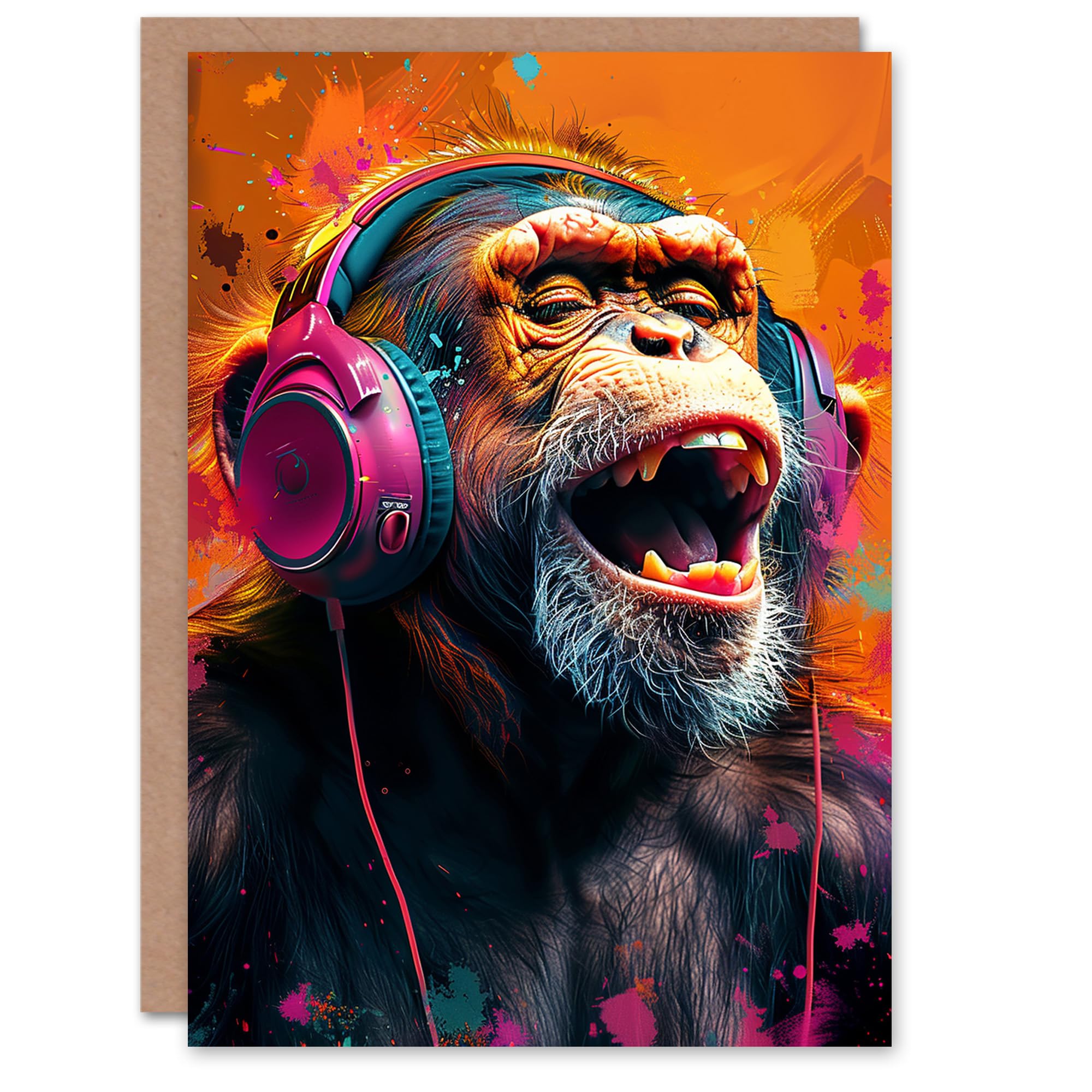 Artery8 Birthday Card Happy Chimp with Headphones Funky Music For Him Man Male Dad Brother Son Papa Grandad Greeting Card