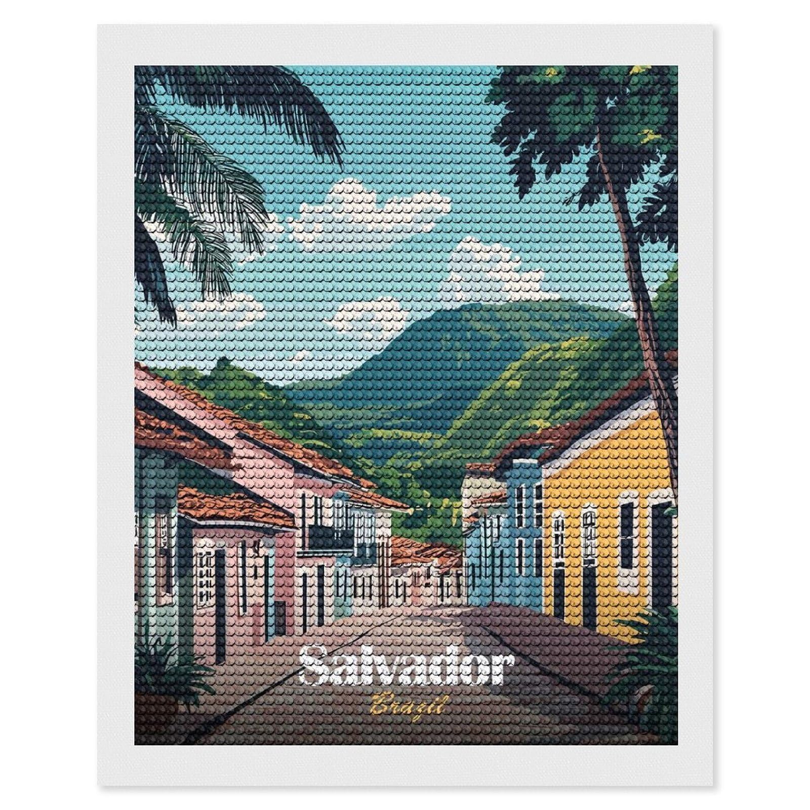Junmoney Salvador, Brazil Street Scene Diamond Painting Set 16"x20", Full Kit Included, Sparkling Round Gems, Farmhouse Decor, Festive Craft Gift