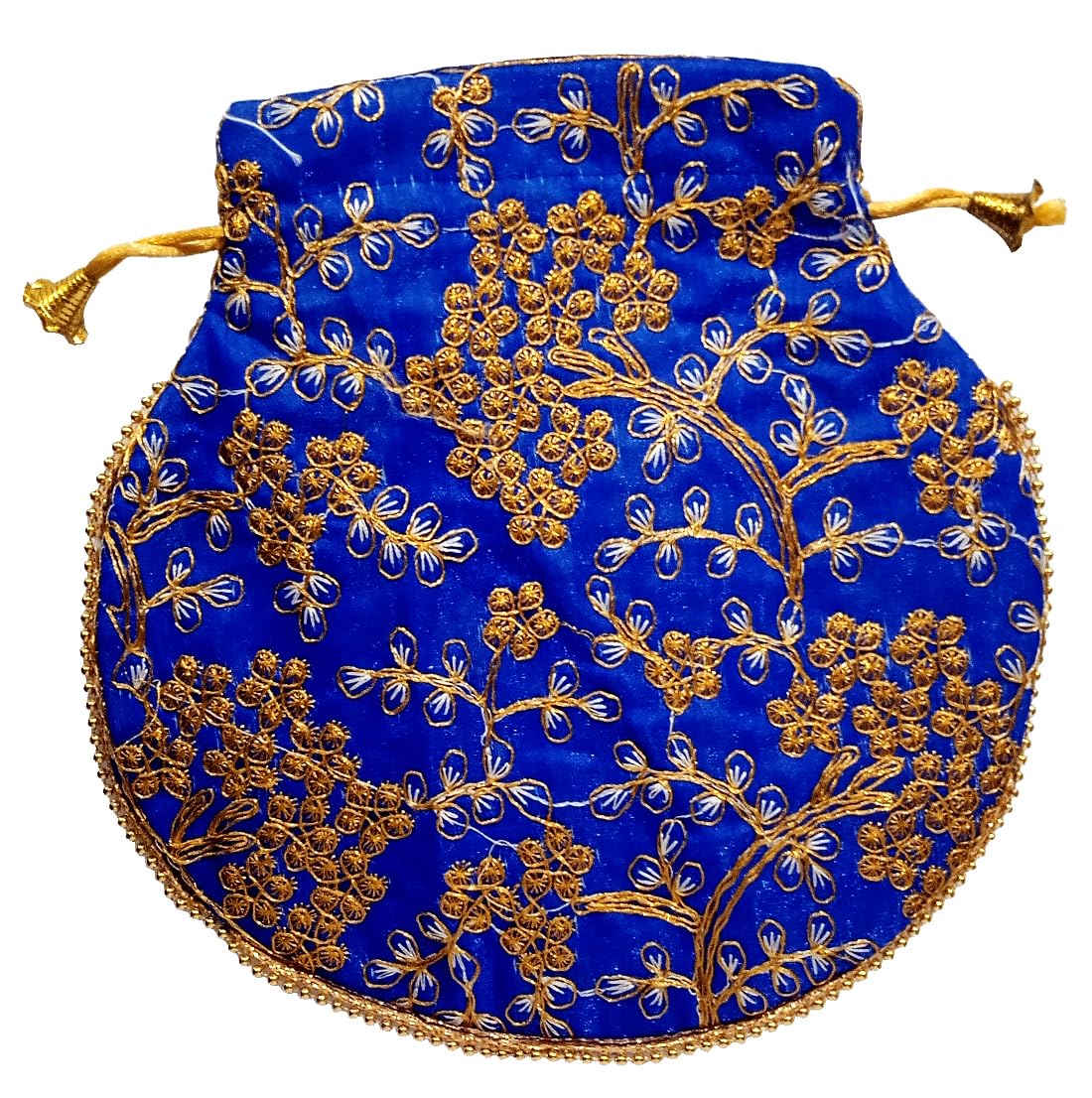 Purpledip Silk Potli Bag (Clutch, Drawstring Purse): Intricate Gold Thread & Sequin Embroidery Satchel For Women, Blue (12602D) - Image 3 thumbnail