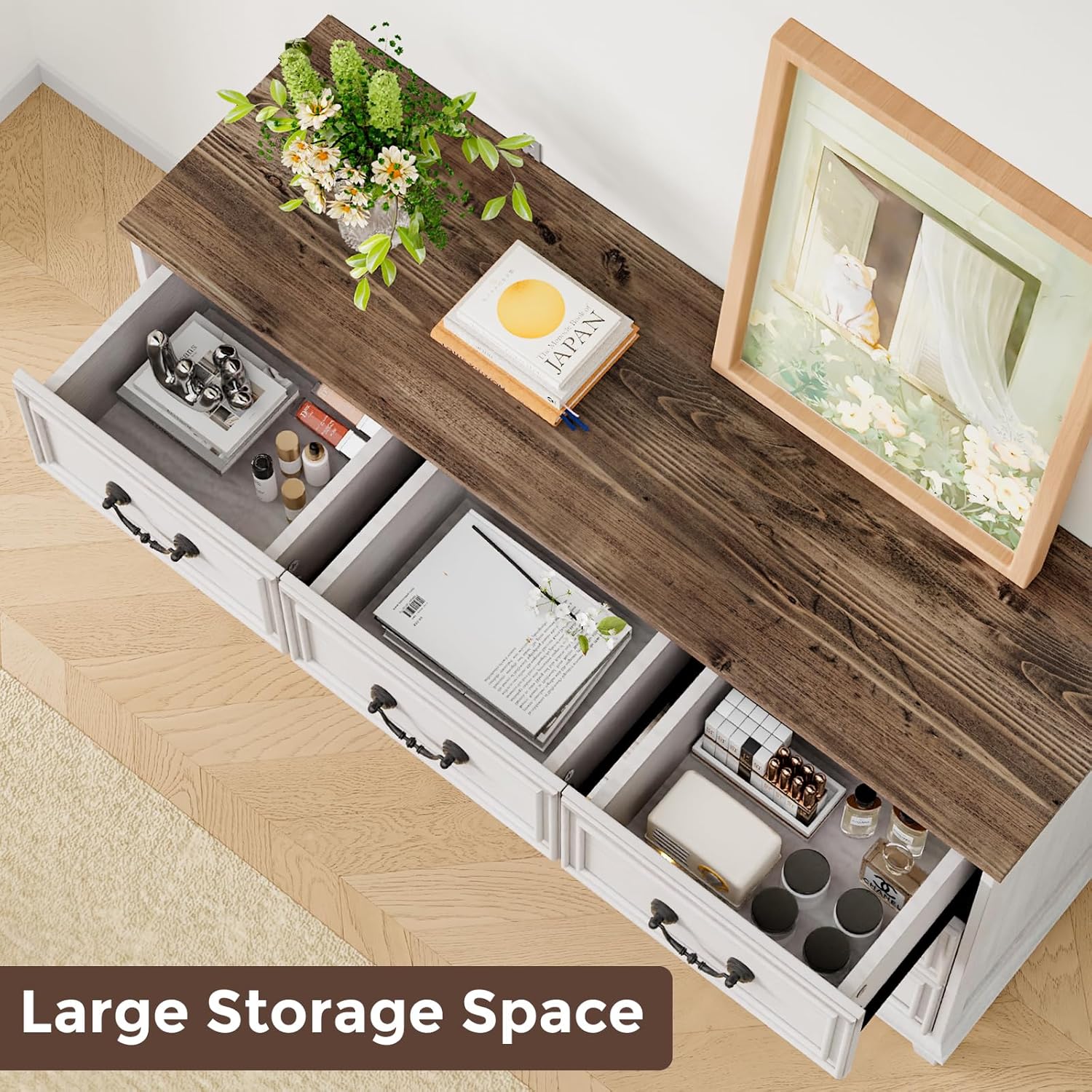 ALBAD Farmhouse 7 Drawer Dresser for Bedroom, Wide Black Chest of Drawers with Rustic Wood Top, Large Storage Dresser for Living Room (Antique White, 15.5" D x 54.1" W x 30.82" H (7 Drawers))