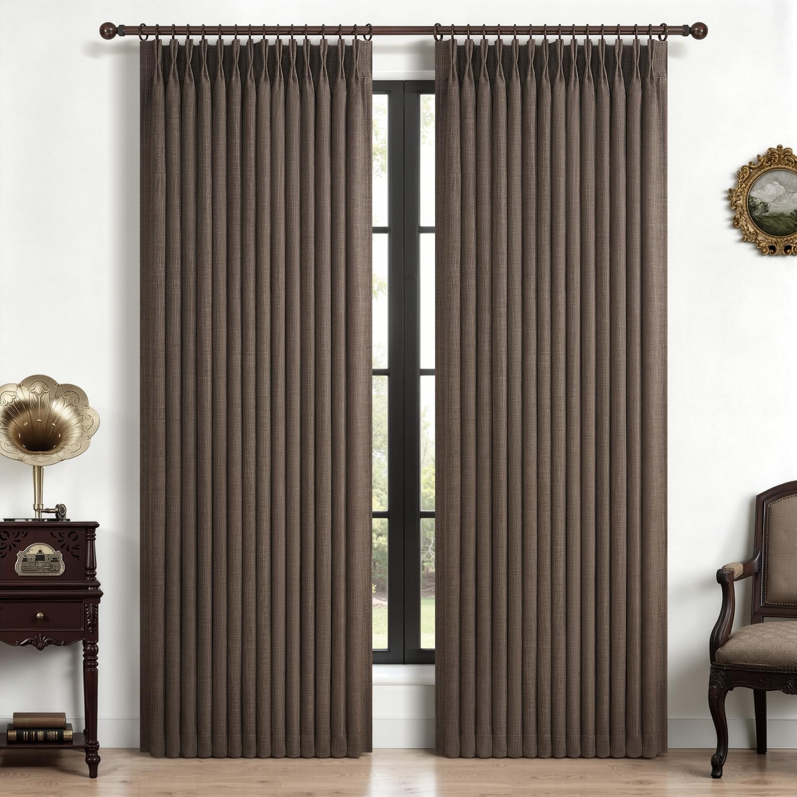Blackout Dual Layer Thick Linen Room Divider Curtains 78 Inches Long, Dark Flax Memory Trained Pinch Pleated Noise Cancelling Insulated Rustic Windows Drapes Brown Colored Privacy Curtain 2 Panels Set โ image 1