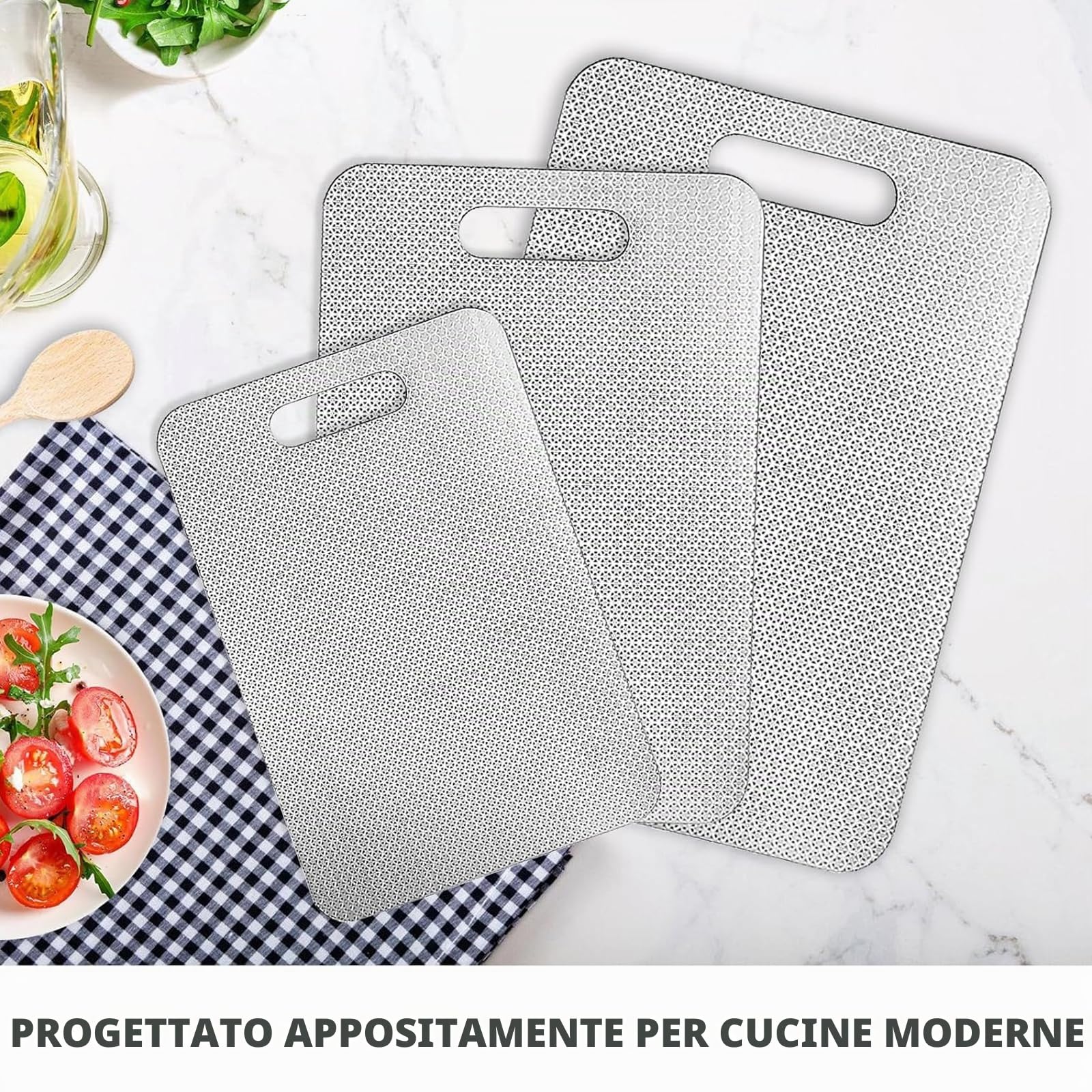 GOMETY Set di 3 taglieri acciaio inox 316, tagliere acciaio inox alimentare doppia faccia, resistente ai graffi, tagliere da cucina acciaio inox antiscivolo, durevole e tagliere acciaio inox senza BPA