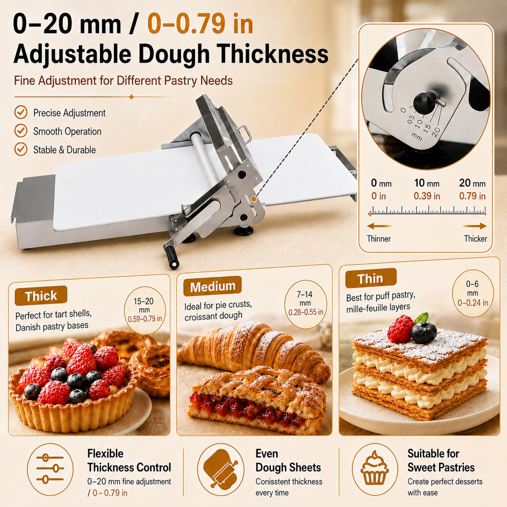 Rullo Manuale per Biscotti, Dolci, Pasta di Zucchero e Pizza 400 | La sfogliatrice pieghevole usa rulli regolabili, telaio stabile e parti in acciaio inox per panifici e uso domestico