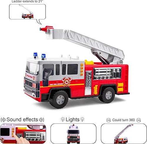 Miniatura 4 de Playkidiz - Camión de bomberos de 15 pulgadas para niños con luces y sonidos de sirena, vehículo de emergencia clásico rojo y blanco, escalera móvil