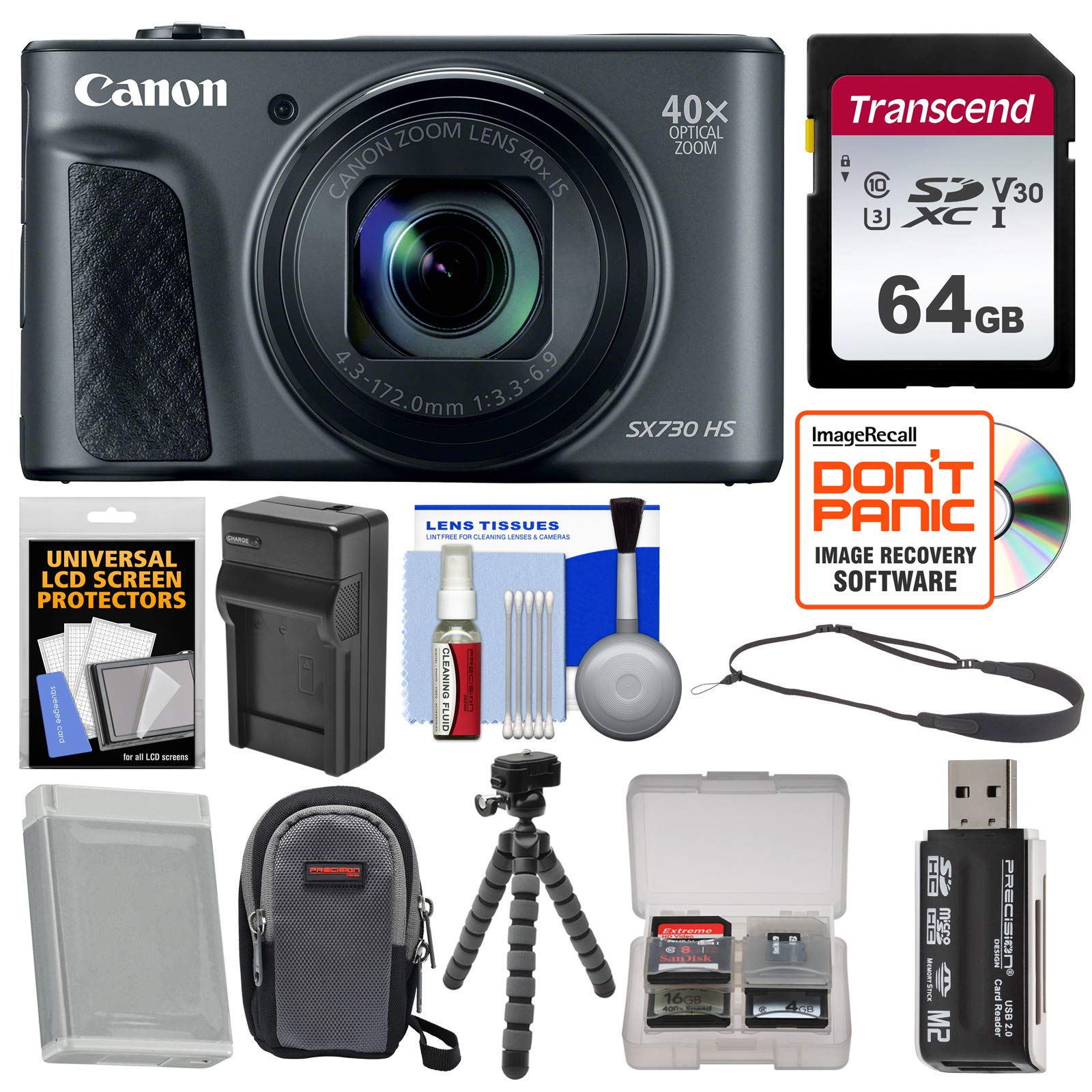 Canon PowerShot SX730 HS Wi-Fi Digital Camera (Black) with 64GB Card + Case + Battery & Charger + Tripod + Strap + Kit