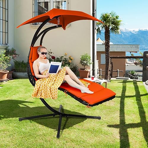 Miniatura 3 de Tangkula Tumbona colgante, soporte de arco flotante con toldo y almohada integrada, silla de salón de acero curvado, silla de hamaca independiente