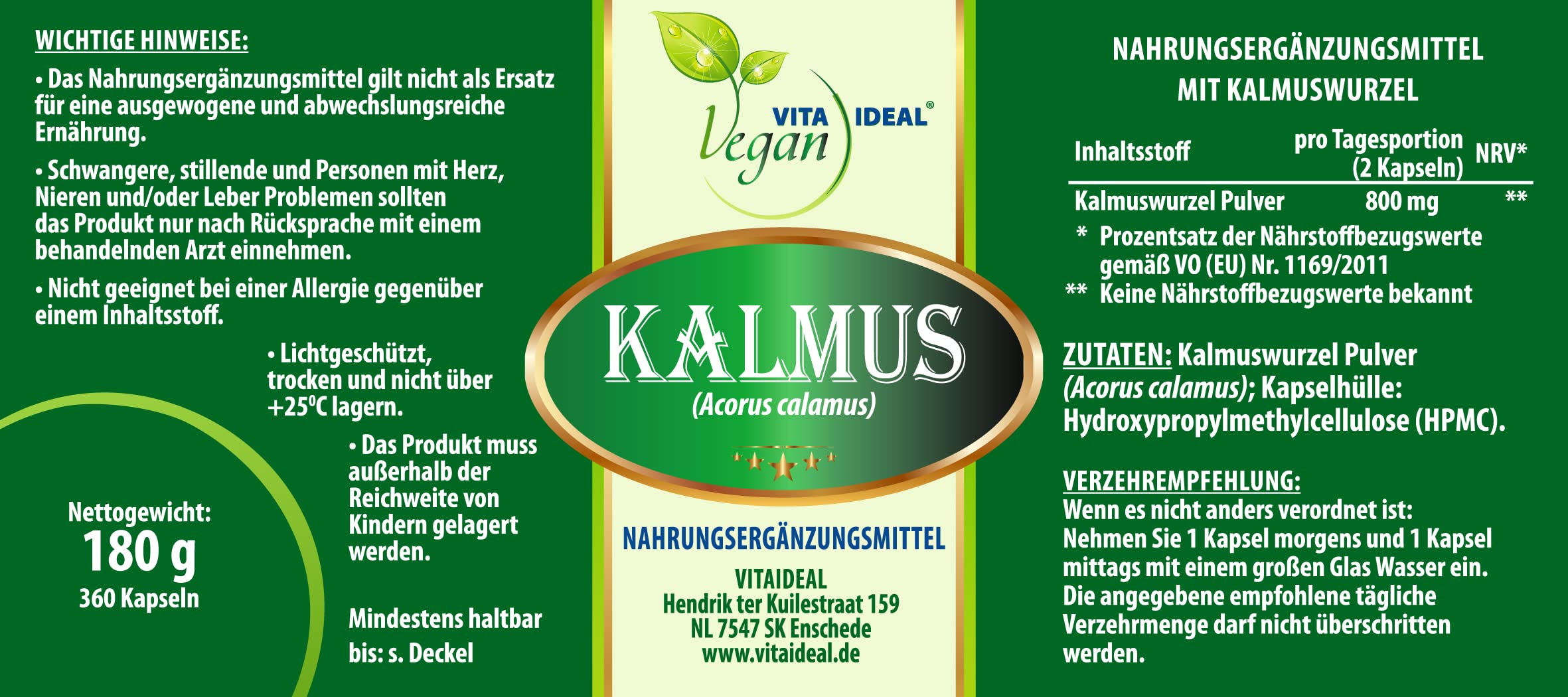 VITA IDEAL Vegan® Kalmus Wurzel 3x 360 Kapseln - Acorus calamus - Tgesportion 800mg Kalmuswurzel Pulver natur, gemahlen. Pflanzlich, natürlich und ohne Zusatzstoffe, original von VITAIDEAL.