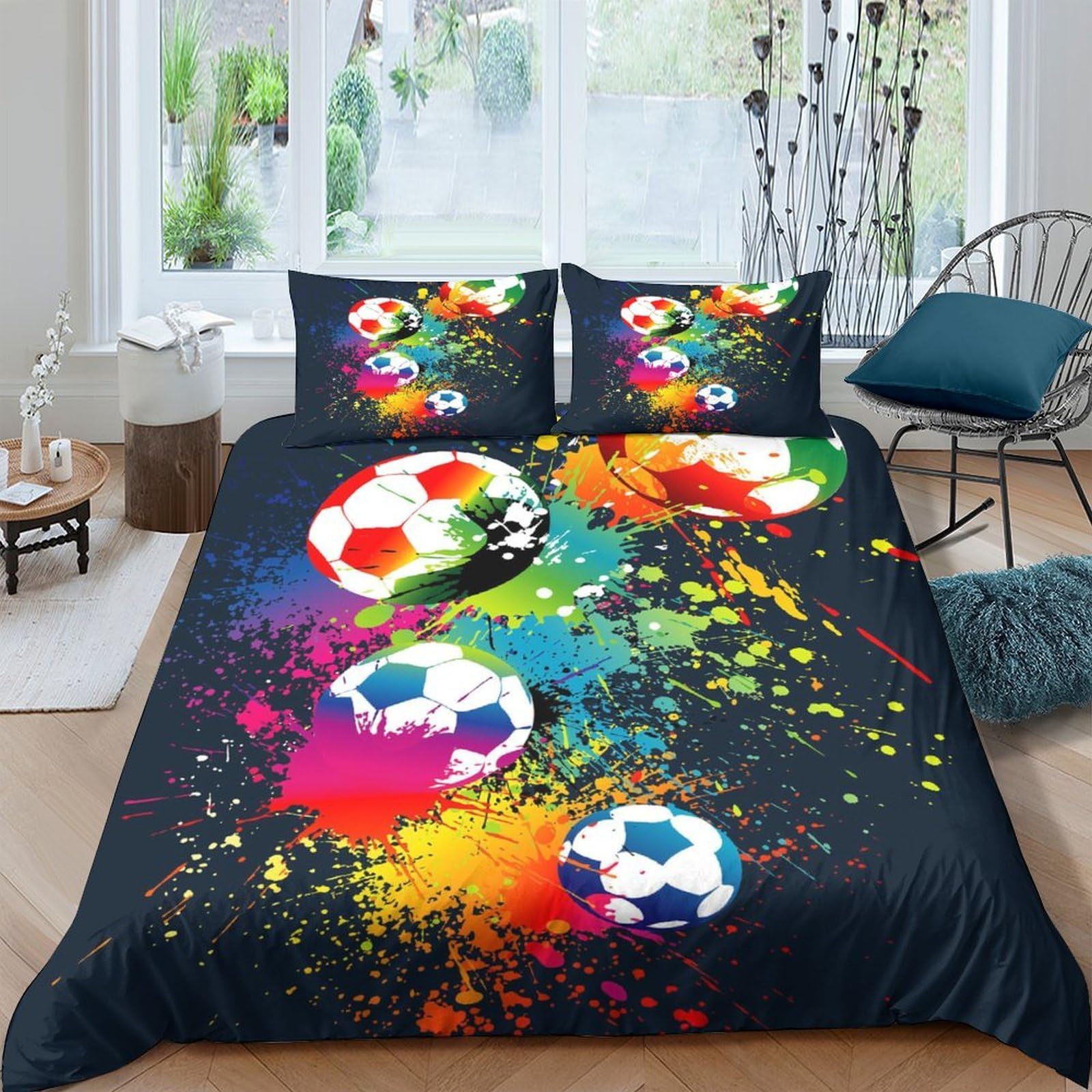 Ctjqhvkz Style-2 3D Printed Colorful Soccer Fitted Sheet Microfiber Soft Anti-Slip Splatter Bed Cover For Bedroom Guest Room Decor Single（135X200cm）