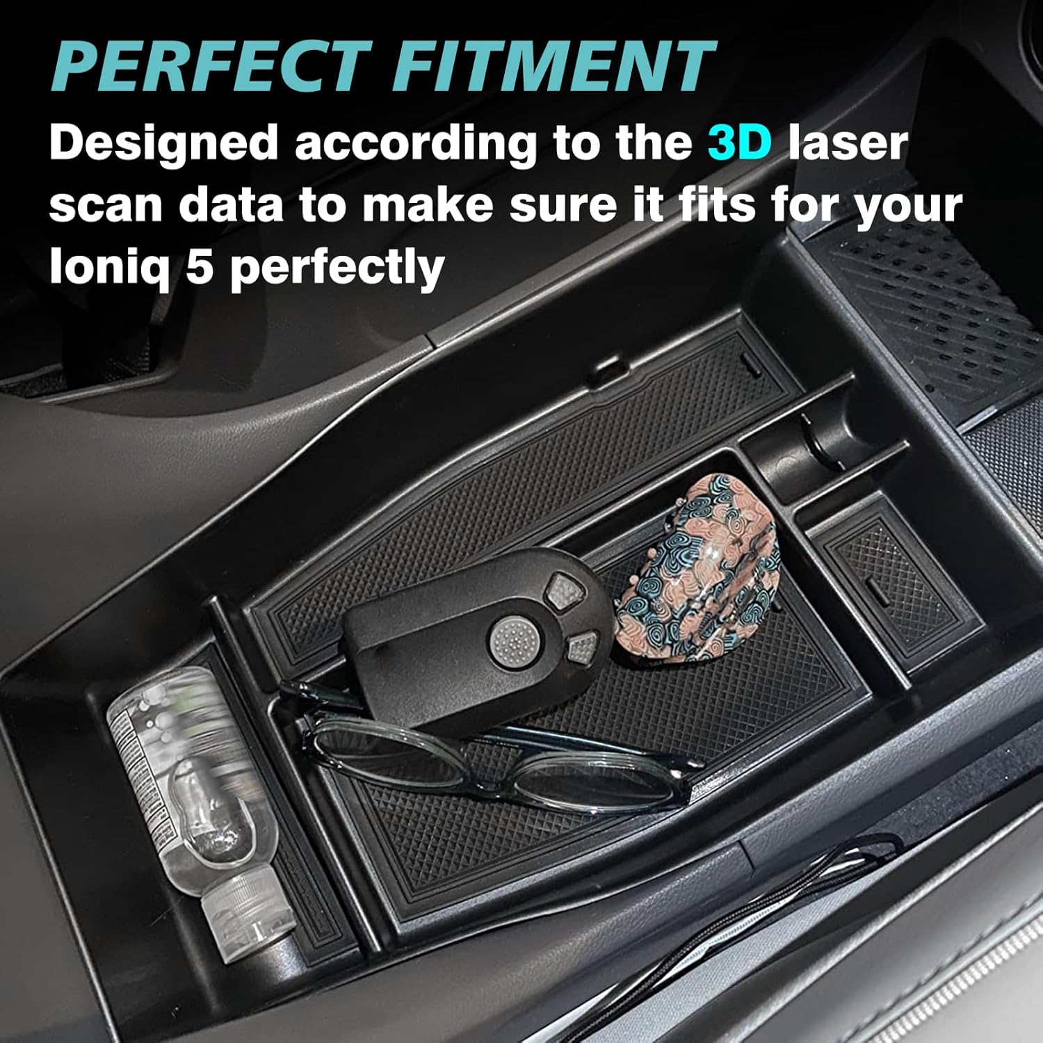 BestEvMod for Ioniq5 Armrest Storage Box & Lower Center Console Organizer Tray 2PCS with Rubber Trim Compatible with Hyundai Ioniq 5 2022-2024 Accessories (Armrest +Lower Tray) NOT FIT 2025