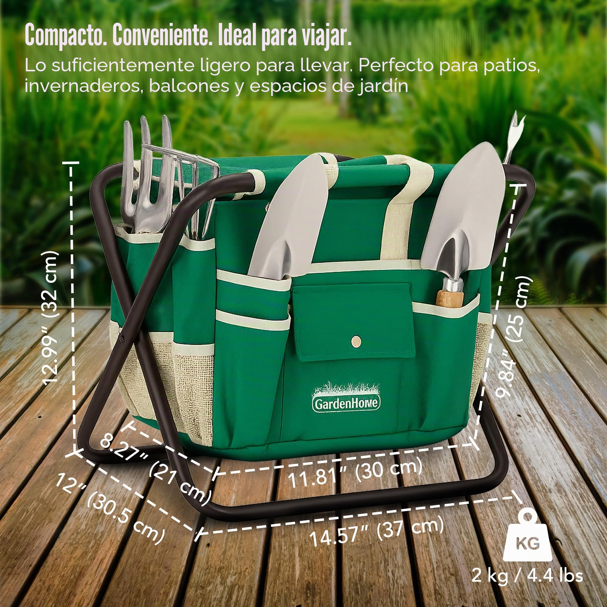 GardenHome Taburete Plegable para Jardinería 7 en 1 - Incluye Juego de Herramientas de Jardín de Acero Inoxidable de 5 Piezas y Estuche de Transporte Gratuito