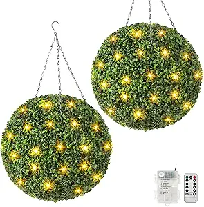 20” Artificial Plant Topiary Ball, Pre-Lit Artificial Topiary Plant with 8 Mode, 40 LED Lights, Battery Operated,and Remote Control, Light Plant Ball for Backyard, Wedding and Home DéCor (2-Pack)