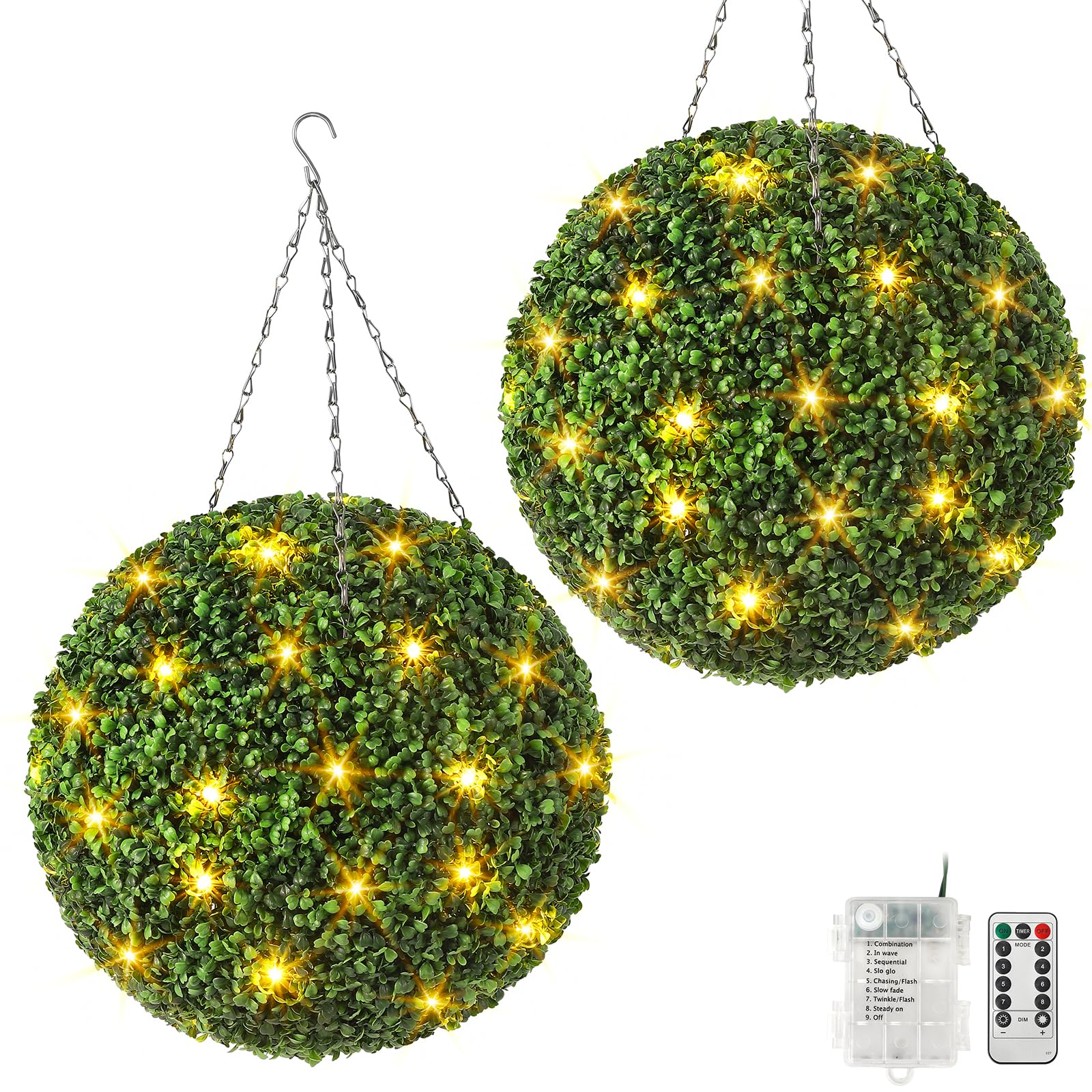 20" artificial plant topiary ball, pre-lit artificial topiary plant with 8 mode, 40 led lights, battery operated, and remote control, light plant ball for backyard, wedding and home décor (2-pack)