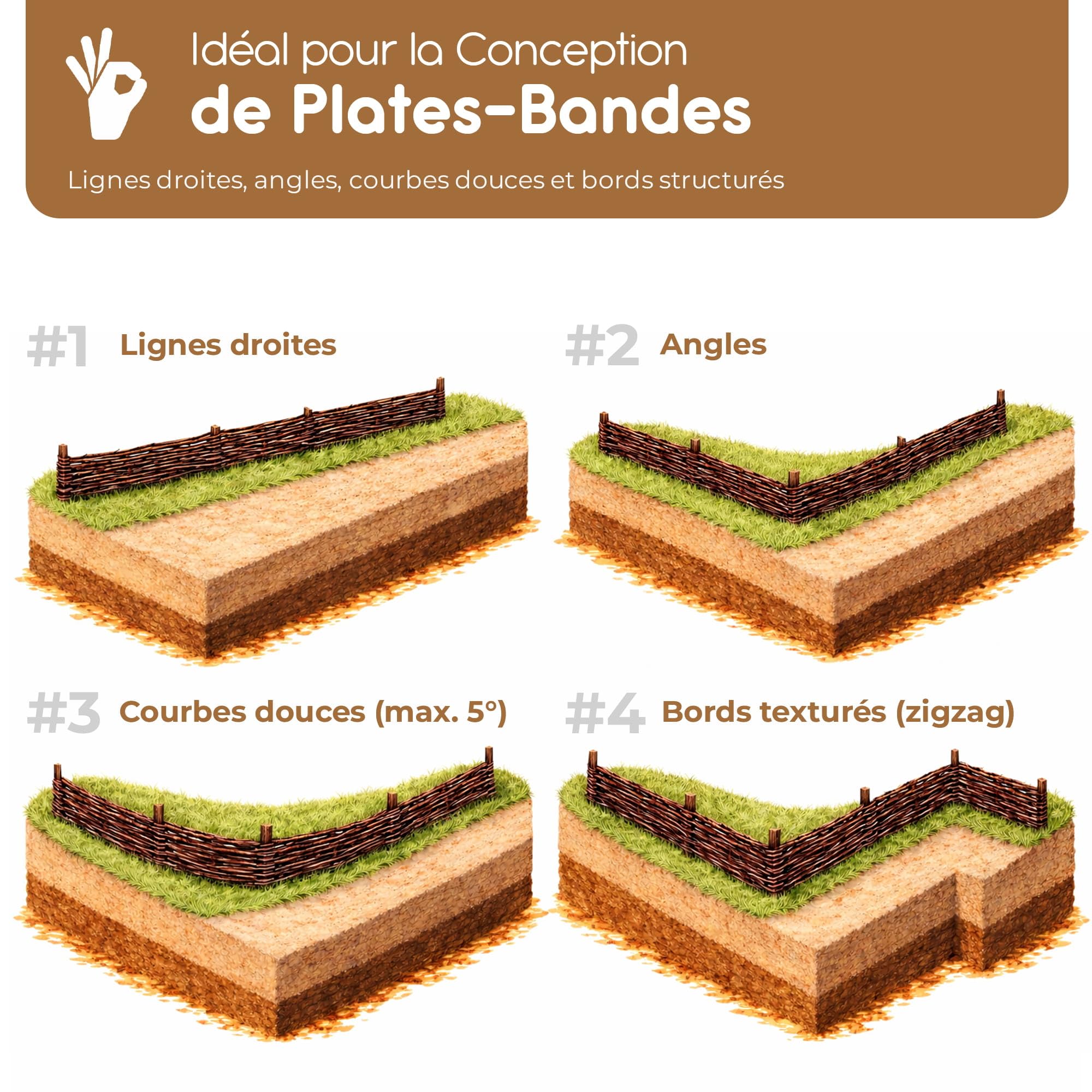 BOOGARDI Bordure de Jardin en Bois · 12 Tailles · 10x clôture en Osier Hauteur 30 cm x Longueur 100 cm · Barrière à Planter pour Parterre · Bordure de pelouse en Osier