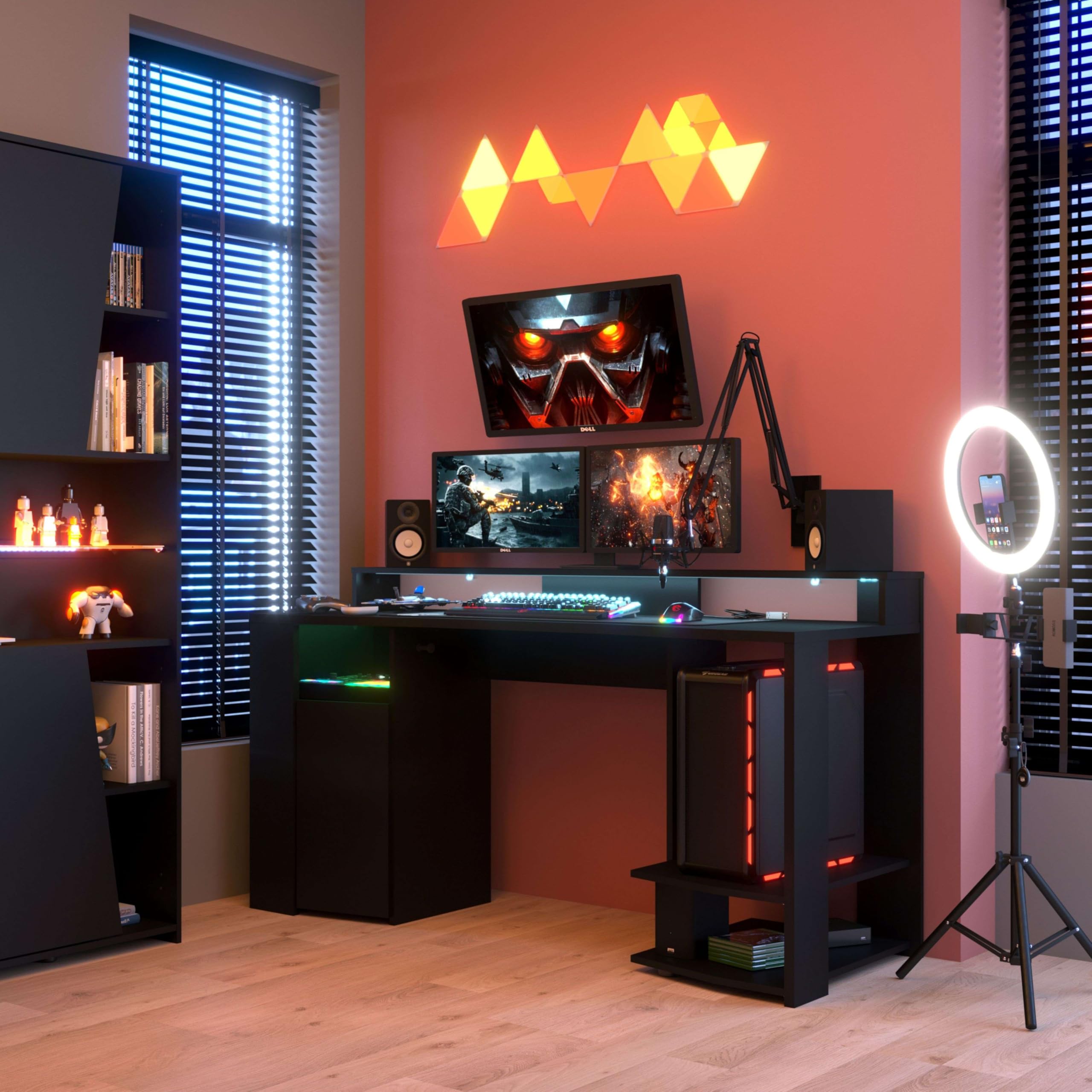 Miroytengo Table gaming couleur noire avec LED incluse Setup Gamer Bureau ordinateur style moderne Meuble 87 x 152 x 62 cm