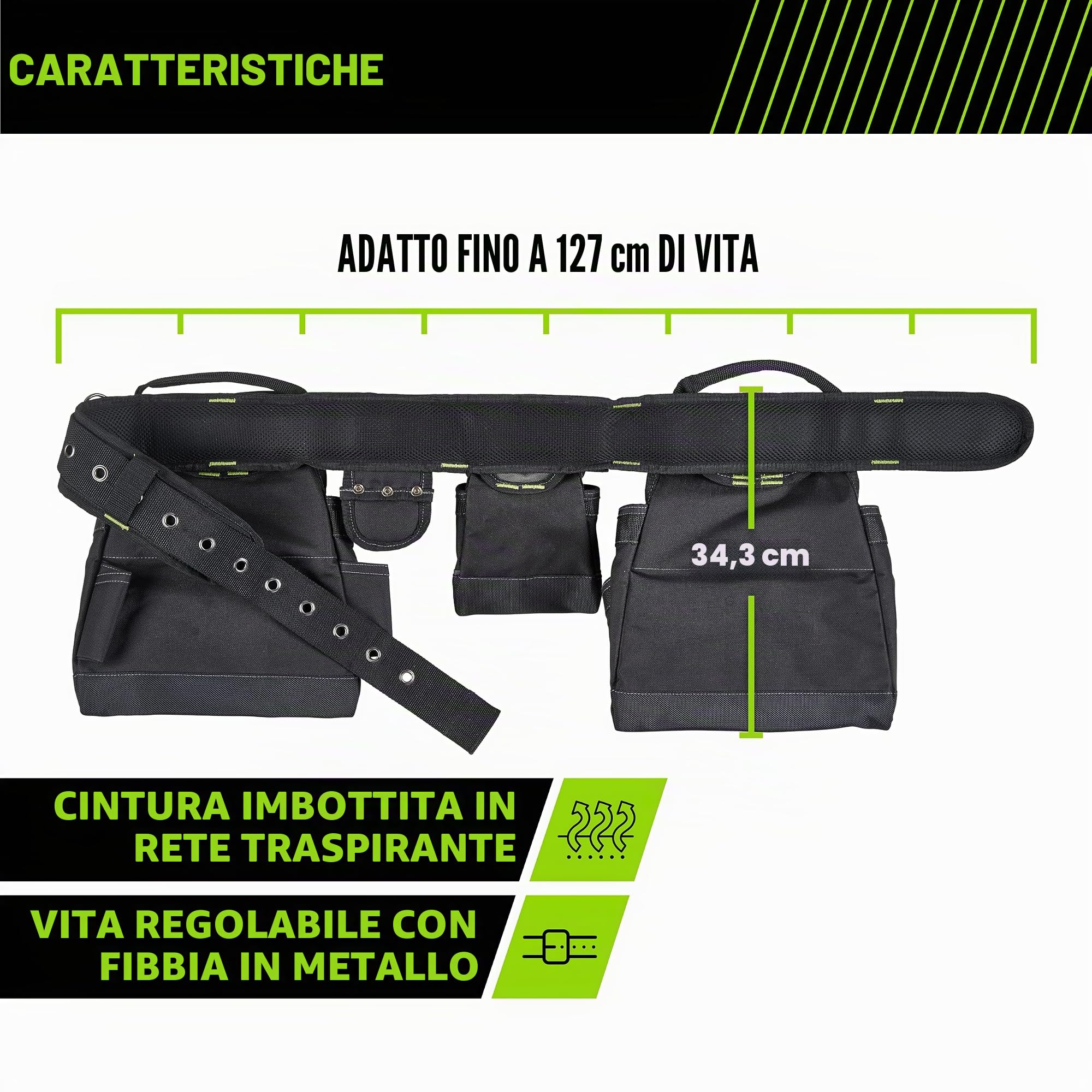 AWP Carpenter Tool Rig con maniglie per il trasporto, cintura per attrezzi premium, cintura imbottita in rete aerea adatta a vita fino a 50 pollici