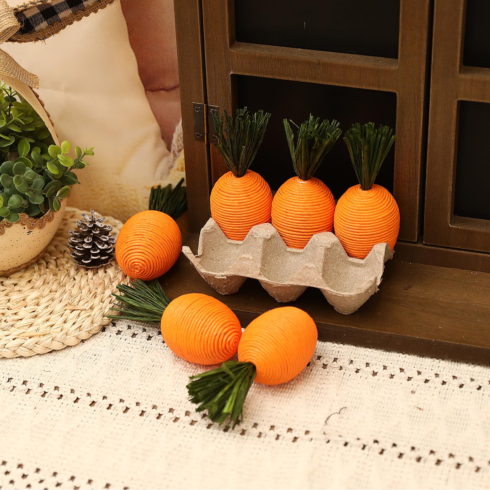 6Pcs Easter Spring Carrots Decor Toy Artificial Fake Plastic Woven Threaded Carrot Ornaments for Mantel Home Kitchen Party