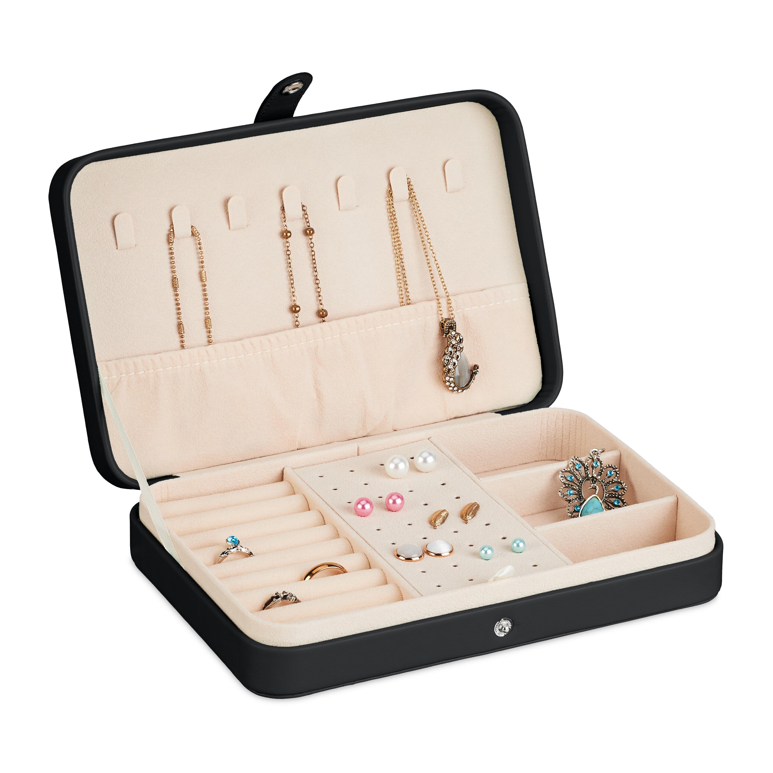 Relaxdays Jewellery Case, Small Box, Storage for Rings & Necklaces, for Travelling, HWD: 4.5 x 21 x 14.5 cm, Black