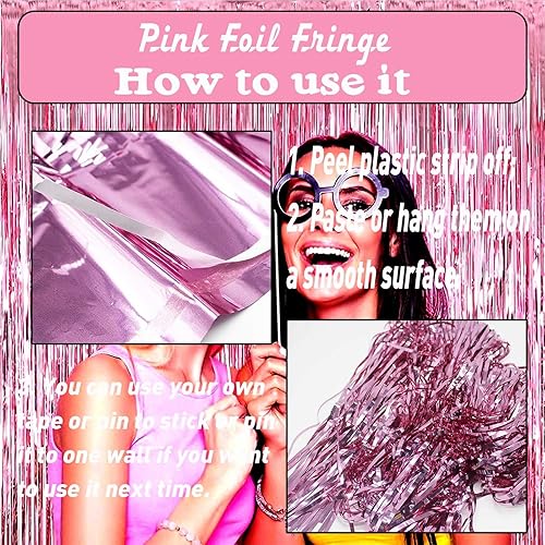 Miniatura 3 de Paquete de 8 cortinas de flecos de papel de oropel rosa, 3.28 pies x 8.2 pies, serpentinas metálicas para cabina de fotos, cumpleaños, boda,