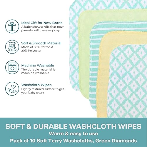 Miniatura 4 de Spasilk Juego de toallitas para niños y niñas recién nacidos, juego de toallas de rizo suave, paquete de 10, diamantes verdes