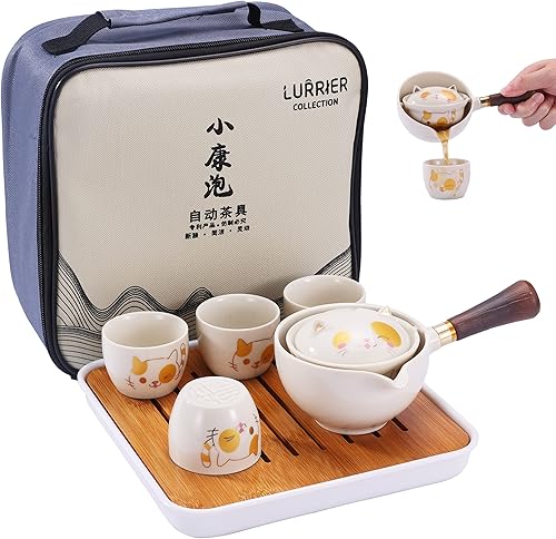 LURRIER Juego de té Gongfu chino de porcelana, juego de tetera portátil con 360 rotaciones e infusor, bolsa de regalo portátil todo en uno para