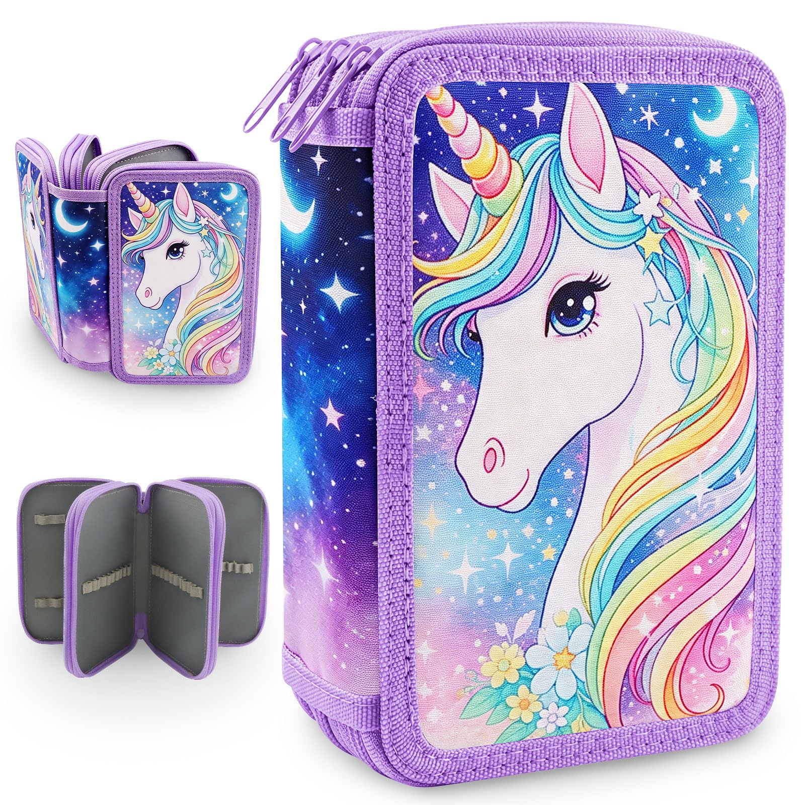Unicorn Pencil Case for Girls 3 Compartments Pen Bag with 55 Elastic Loops