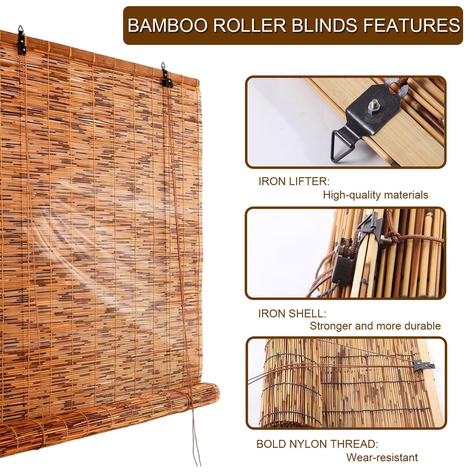 Store Bambou Extérieur Store Enrouleur Roseau Naturel Imperméables Intimité 70% D'occultation Interieur Store Enrouleur Bambou pour Tonnelle Terrasse Véranda Jardins(W31xH87IN(80x220CM))