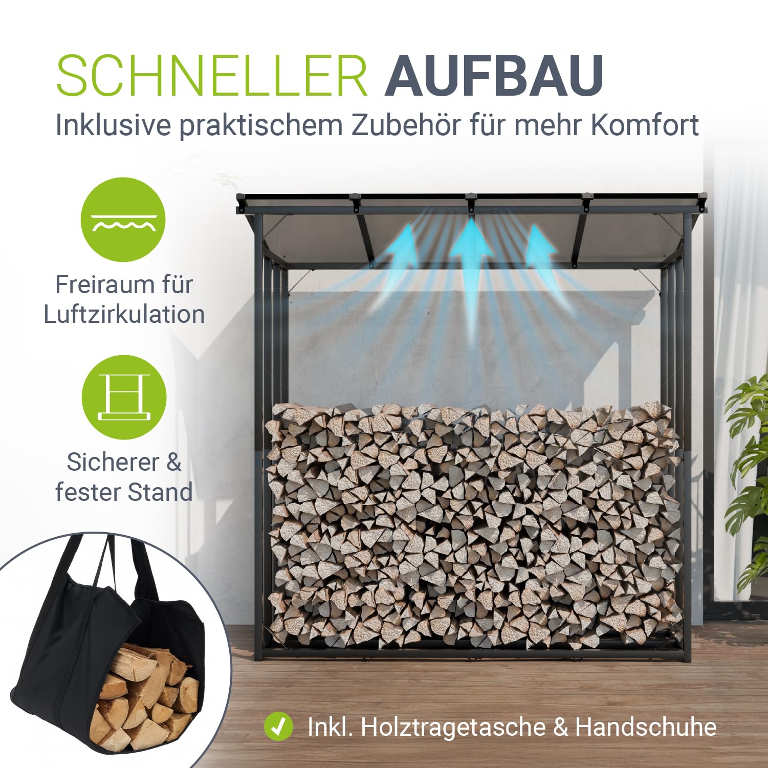 Juskys® Kaminholzregal mit Dach – 2,40 m³ Lagerkapazität, wetterfest, mit UV-beständiger Plane, erhöhter Boden & einfacher Montage, ideal für Outdoor-Lagerung