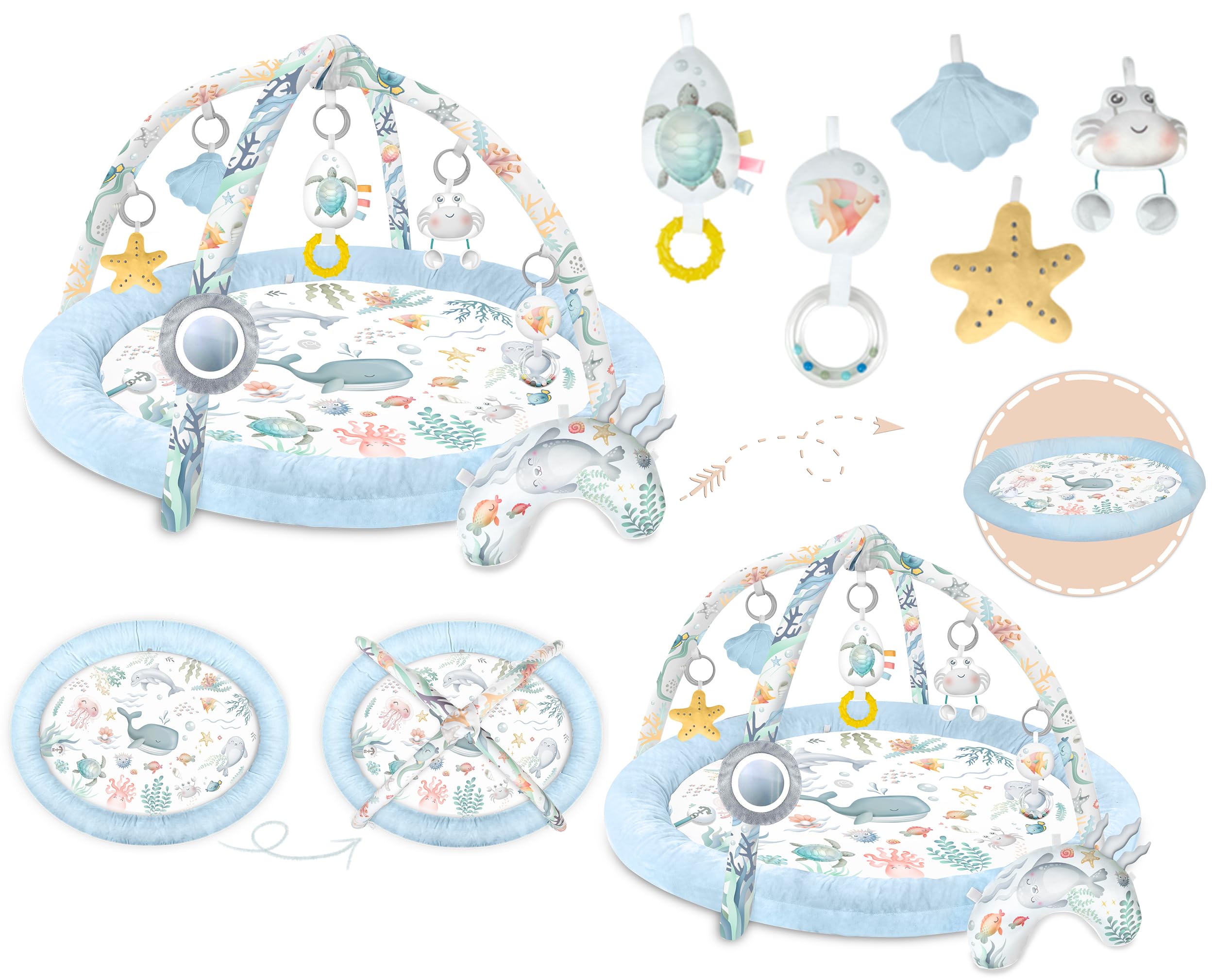 Nukido Gimansio De Actividades para Bebé Evolitivo Alfombra De Juegos con Arcos Extraíbles 7 Juguetes Multifuncionales Almohada Suave Desarrollo Sensorial Coordinación Mano-Ojo Plegable Azul Ocean