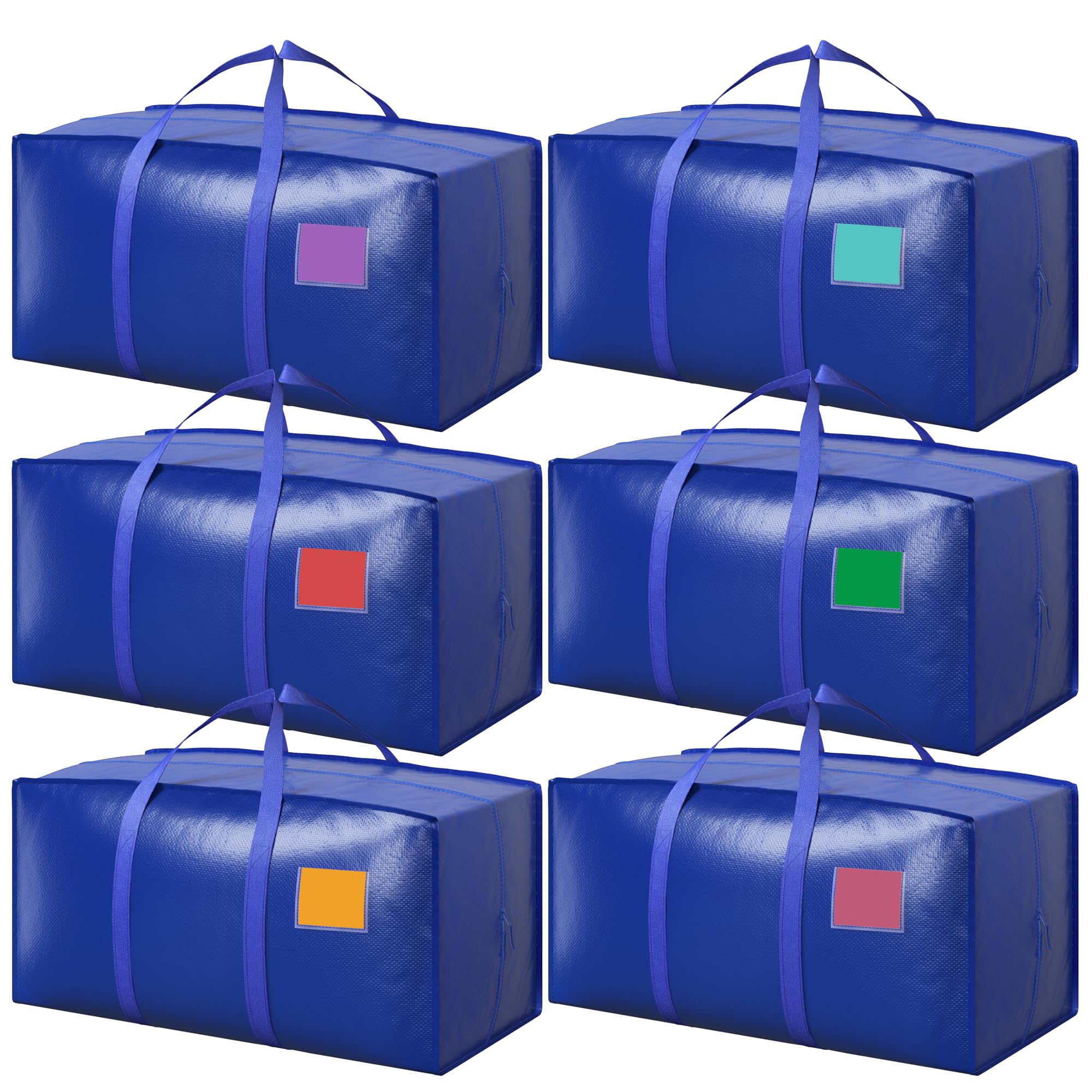 6 Pack Moving Bags with Full-Open Side Zipper, Extra Large 93L Heavy Duty Waterproof Foldable Storage Totes for College Dorm, Moving &amp; Home Organization,Blue