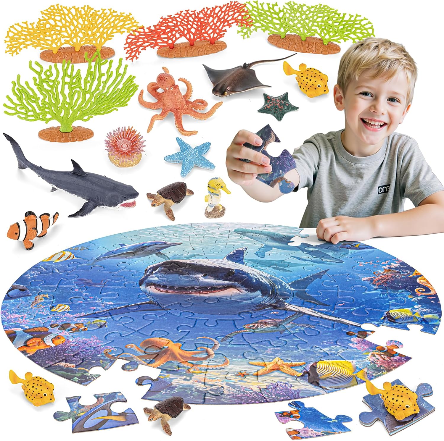 81PCS Large Realistic Ocean Sea Animal Toys with 20" Floor Puzzles for Kids, Kids Solid Ocean Animals Figuress Includ Shark,Octopus,Starfish,Sea Turtle for Toddler Boys Girls Birthday Gifts