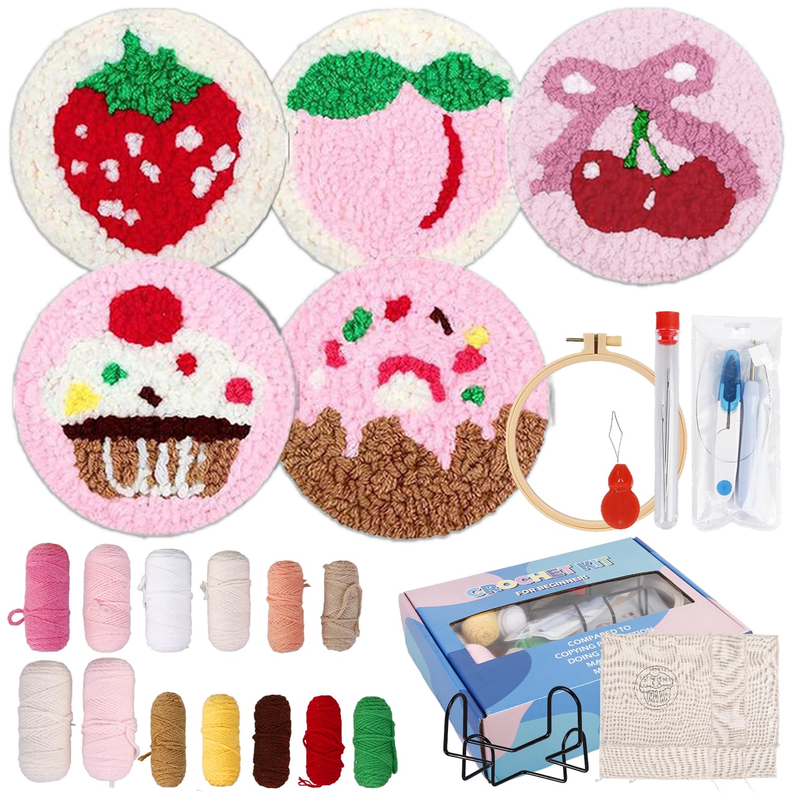 BORDEAG Punch Needle Set di 6 sottobicchieri in 100% cotone, per principianti, set da ricamo decorativo punch needle per bambini, per decorazioni per la casa (multicolore, 20 x 20 cm)