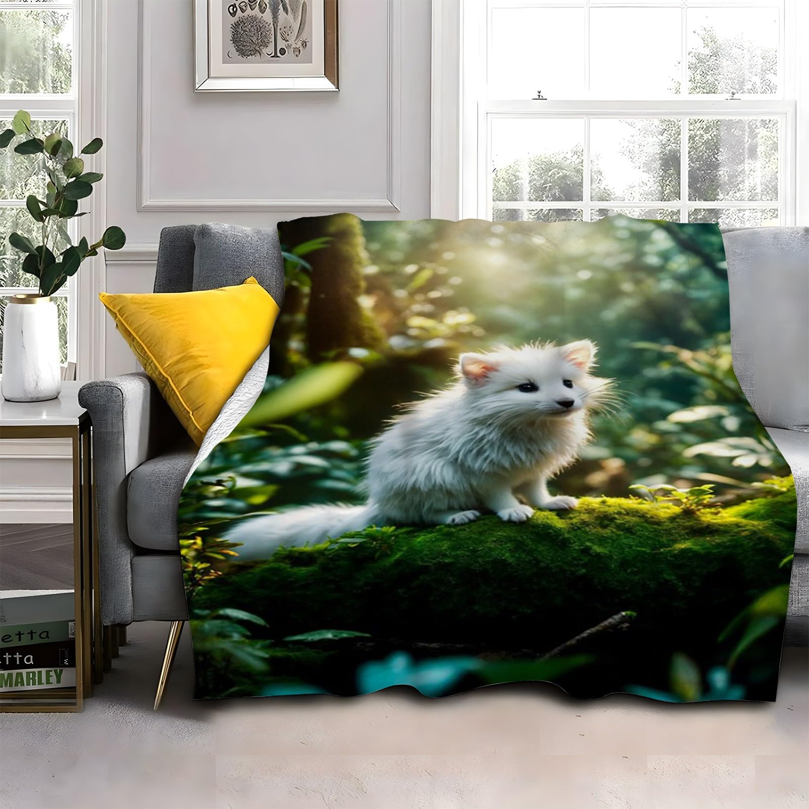 LLSZAHD White Foxes Blanket Plants Lightweight Washable Breathable Throws Blankets 40"x50", Single Size Fluffy Blanket Suitable for Kids Adults - All Seasons (101x128cm)