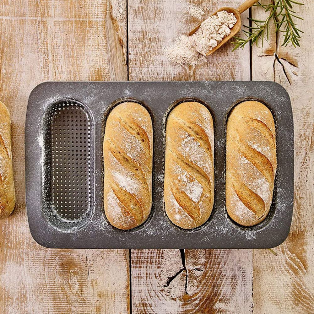 Molde Perforado para Pan Francés o Mini Baguettes - Bandeja para Hornear 4 Panecillos - Acero al Carbono