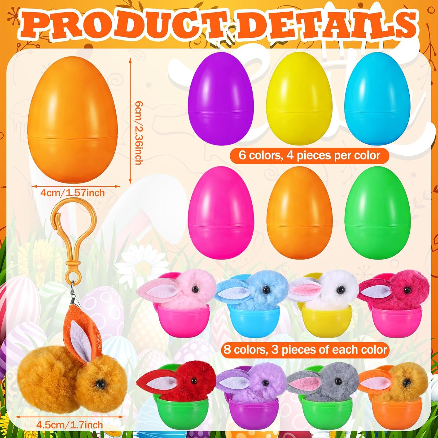 Kenning 24 Pack Prefilled Easter Eggs with Bunny Plush Toy Mini Stuffed Animal Keychains Easter Egg Fillers Easters Basket Stuffers Inside Eggs Hunts Goodie Filler Party Favors Gifts
