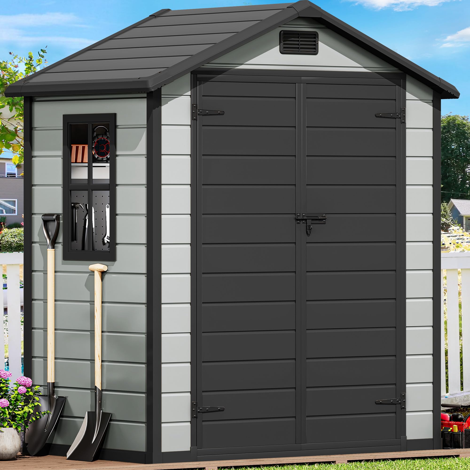 Photo 1 of *missing parts
DWVO 6x4 FT Resin Storage Shed with Reinforced Floor, Outdoor Storage Shed with Lockable Door, Window and Vents, Waterproof Plastic Tool Storage for Garden, Backyard, Patio, Lawn(Blue-Gray+Black)