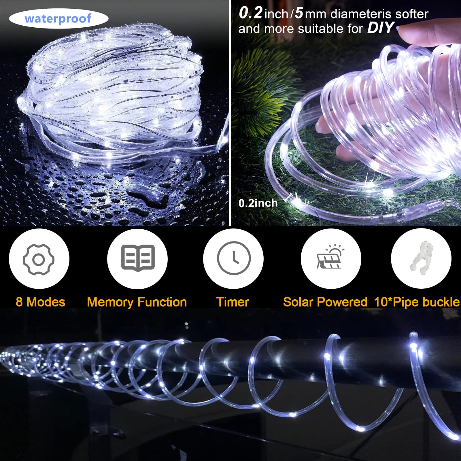 Tacobey Tubo Luci di Natale da Esterno, 10M 100 LED Catena Luminosa Esterno Solare, Impermeabile, 8 Modi, Decorative Per Giardino, Patio (Bianco Freddo)