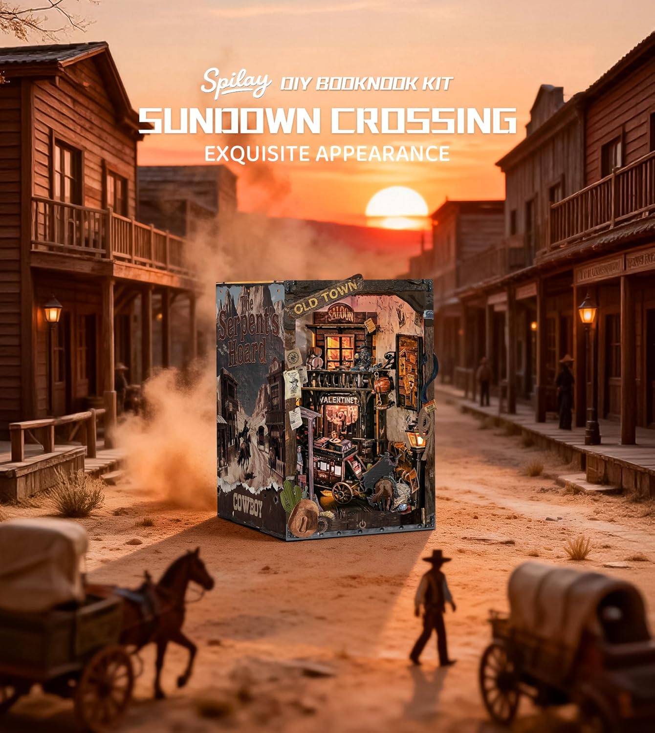 Spilay Book Nook Kit for Adults, Miniature Dollhouse Kit with LED Light, 3D Wooden Puzzle Book Nook Kit, Creative Bookshelf Decoration & Unique Gift and Book Lovers(Sundown Crossing)