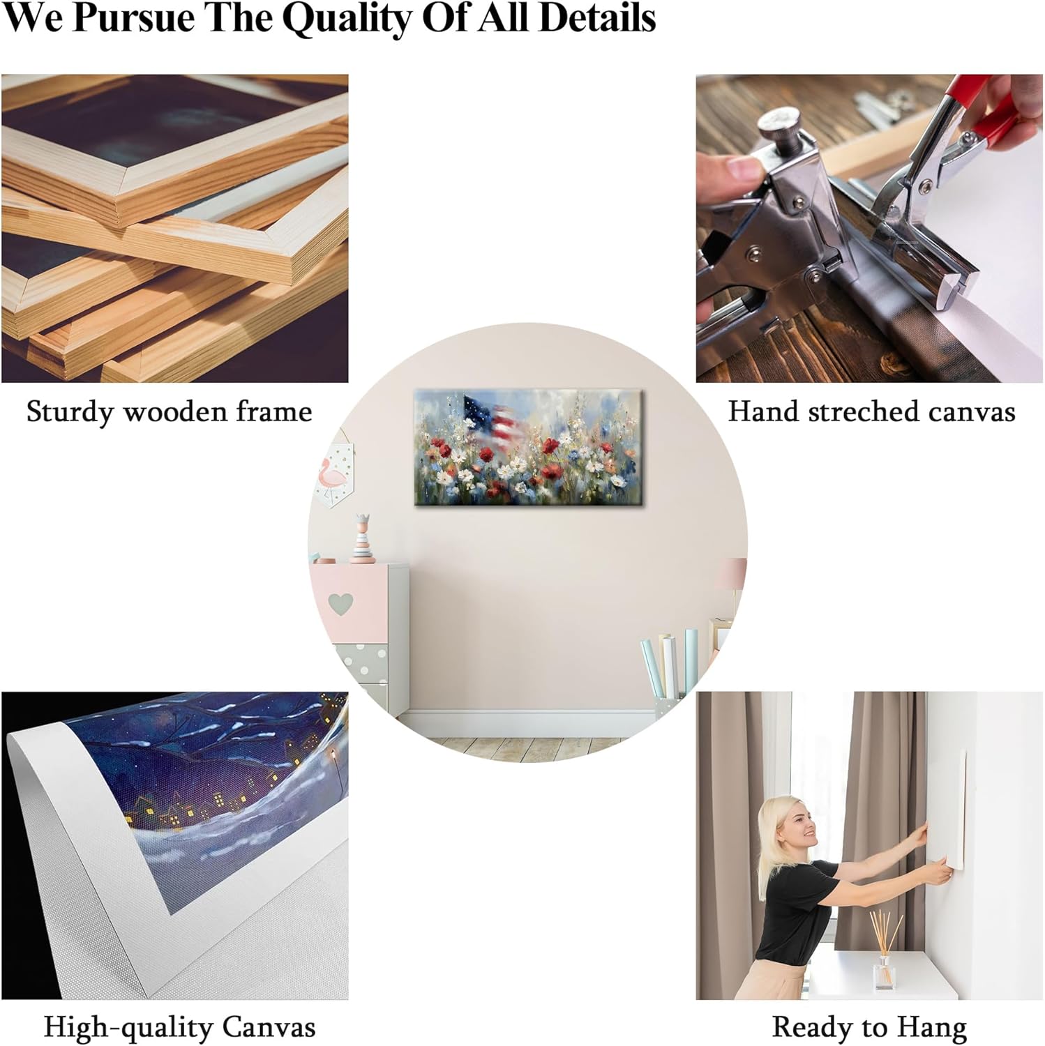 WAXWHELK American Flag Canvas Wall Art Rustic Flowers Pictures Print Modern Farmhouse Country Patriotic Framed Artwork 4th of July Decor for Living Room Bedroom Dining Room Kitchen 32L x 16W