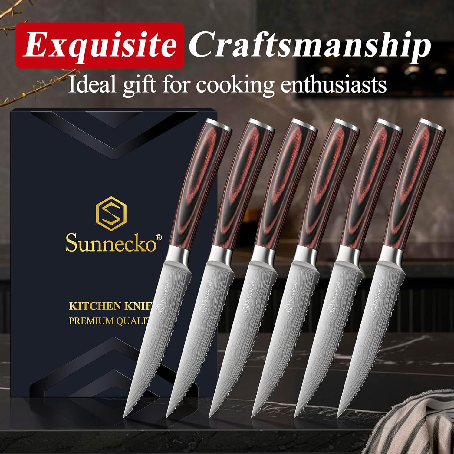 Sunnecko Steak Knives Set of 6,Premium Stainless Steel Serrated Steak Knife Set,Pakkawood Handle 4.5 Inch Kitchen Steak Knife with Gift Box