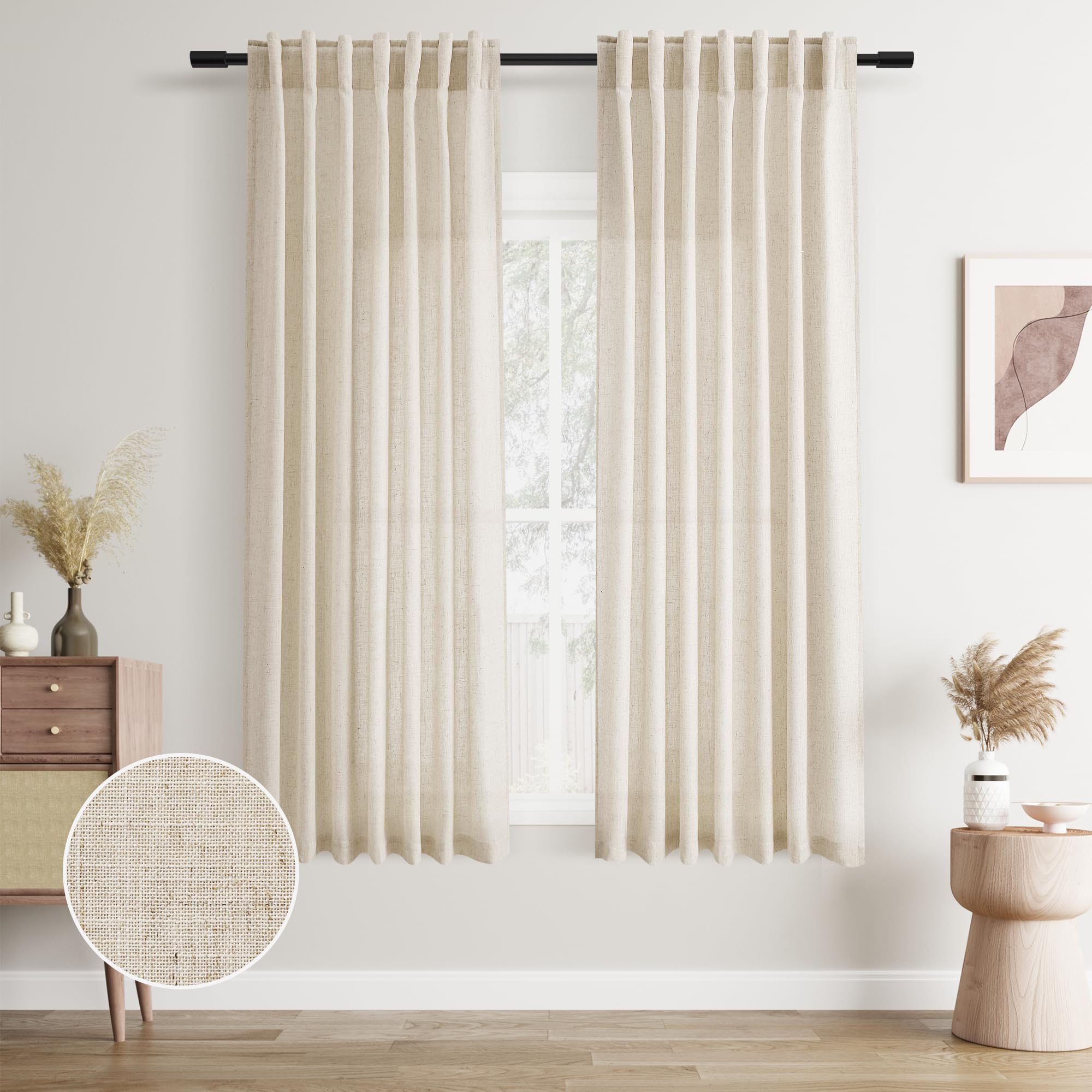 Joywell Linen Back Tab Linen Curtains 63 Inches Long 2 Panels for Living Room Bedroom Neutral Boho Farmhouse Rustic Light Filtering Semi Sheer