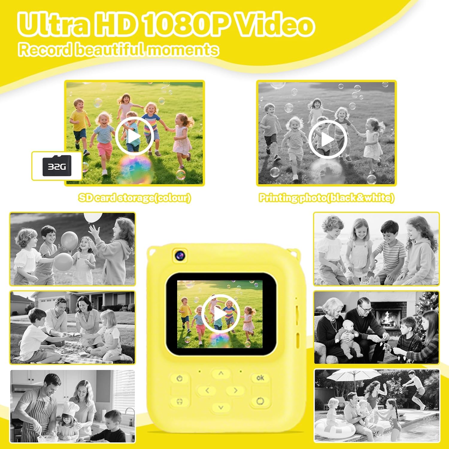 Instant Print Camera for Kids, 1080P Video Camera with 3 Print Rolls, 32GB Card & Cute Cover, Gift for Girls Boys Age 3-12, Toddler Digital Camera with Games, Filters, Music – Yellow